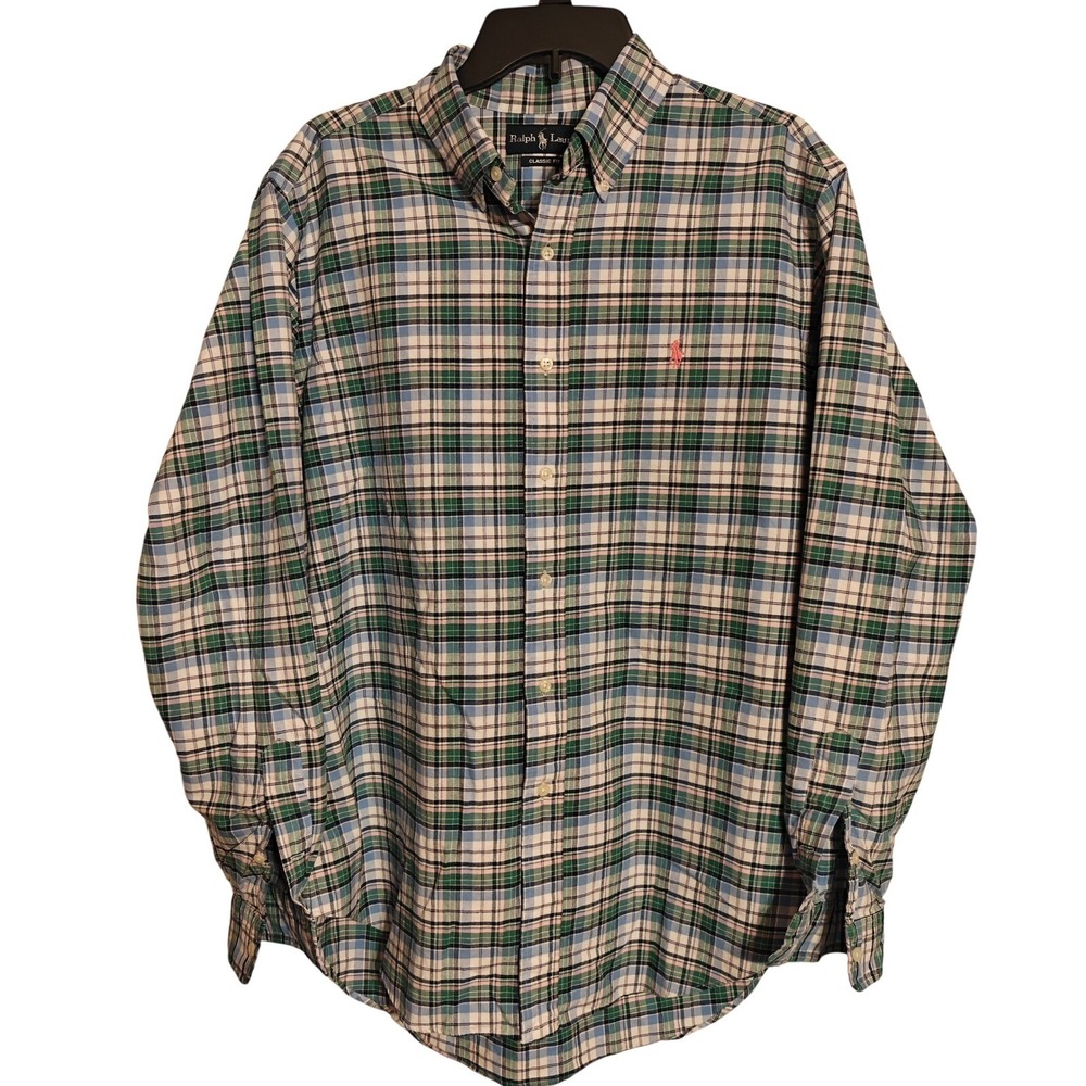 Ralph Lauren Mens Classic Fit Plaid Button Down Shirt Green Blue Pink Large